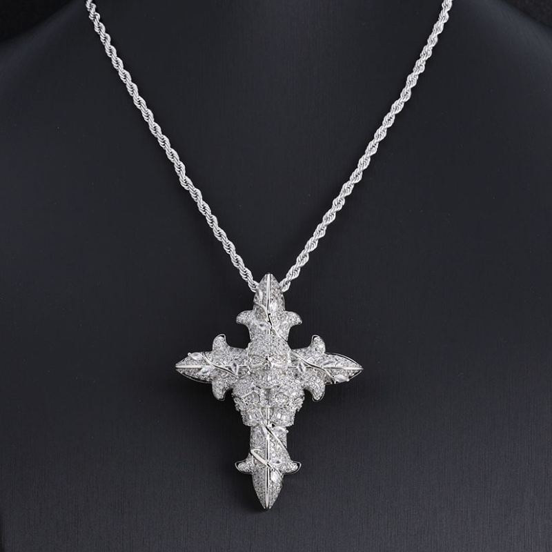 Moissanite Hip Hop Skull Rose Cross Pendant