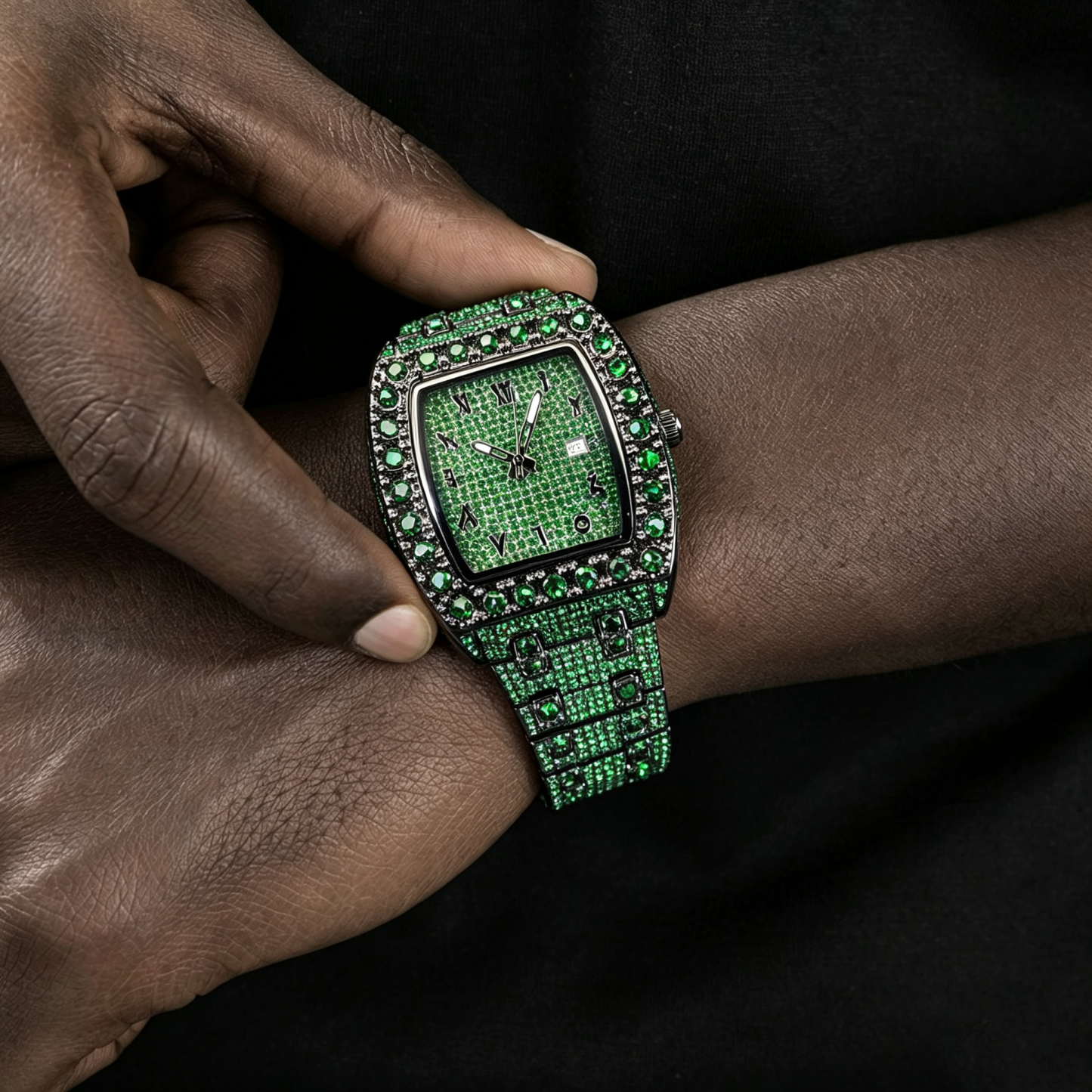 Green Moissanite and Full Rhinestone Barrel-Shaped Watch