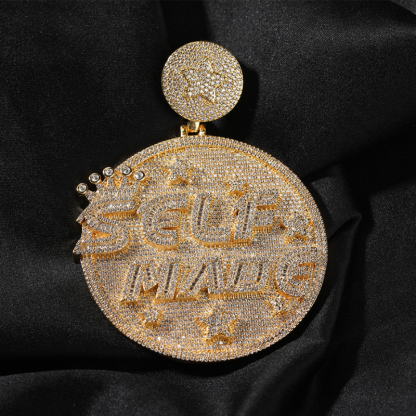 Moissanite Personality Hip Hop "SELF MANG" Letter Large Disc Pendant