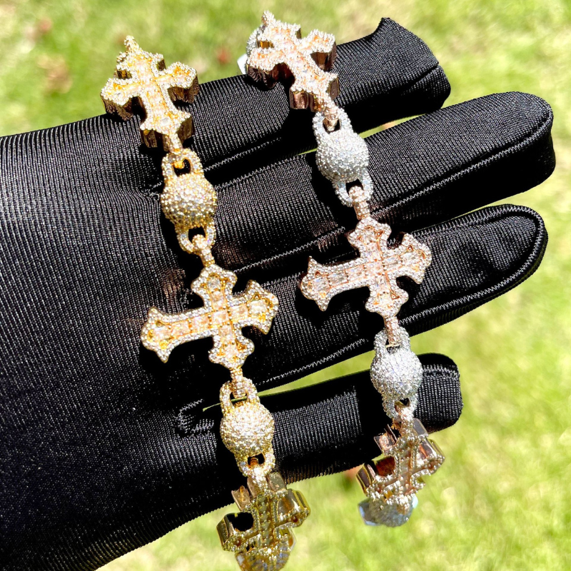 Moissanite Hip Hop Round Bead Cross Bracelet