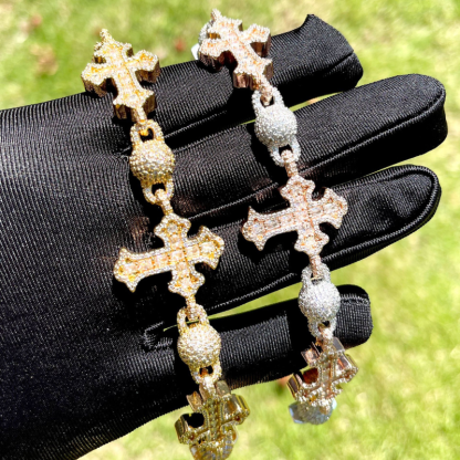 Moissanite Hip Hop Round Bead Cross Bracelet