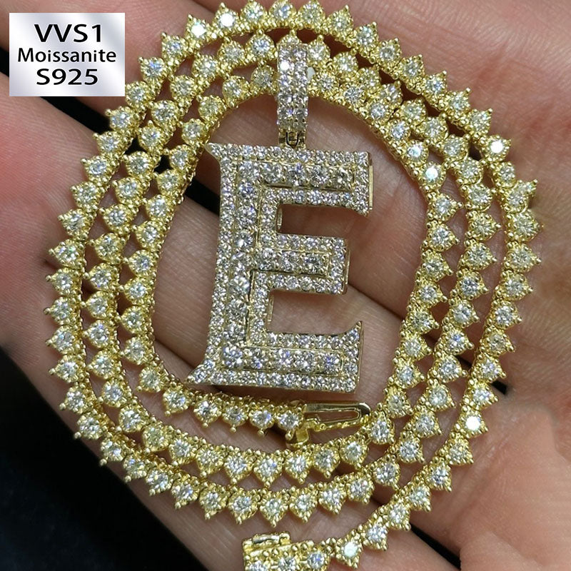 Moissanite “E” Letter Pendant Love Tennis Chain Set