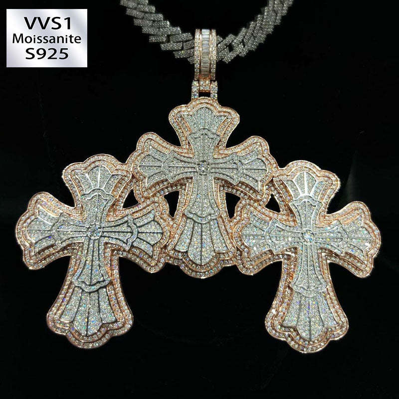 Moissanite Exquisite Floral Pattern Design Cross Pendant