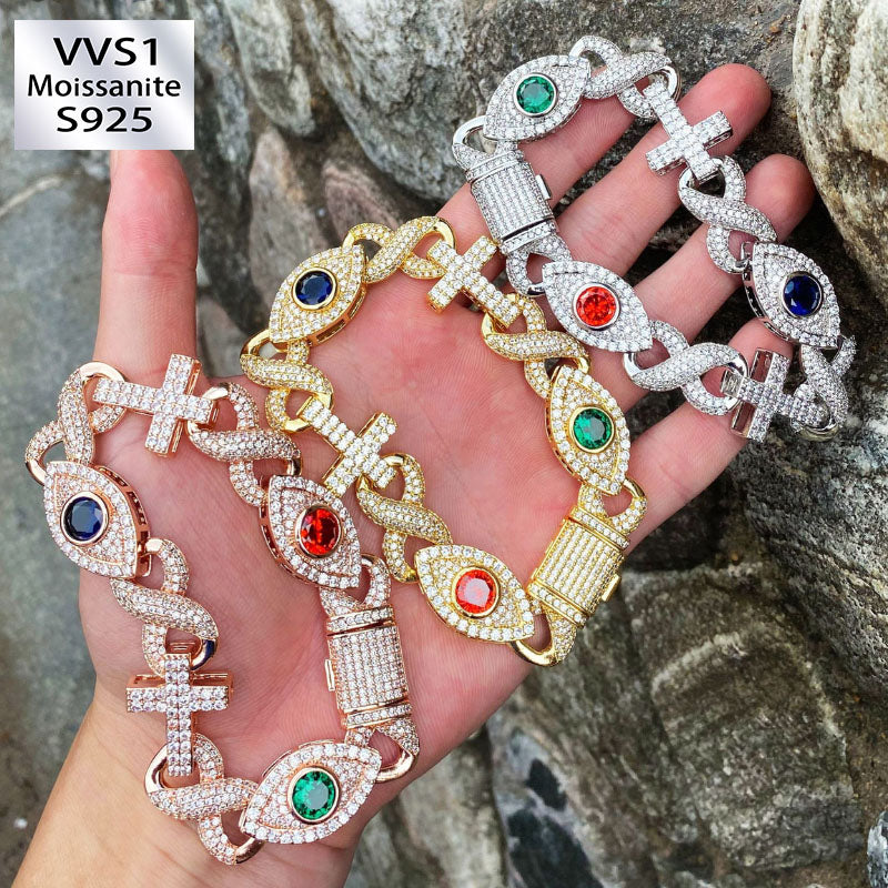 Moissanite Gemstone Eye Cross Cuban Bracelet