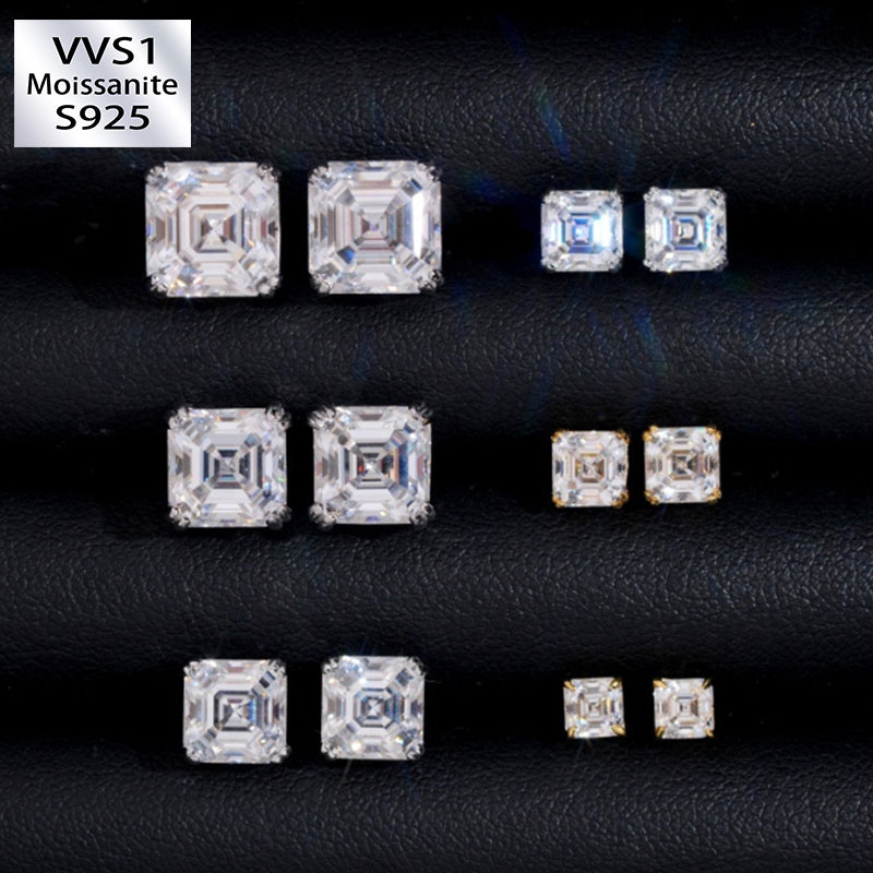 Asscher Cut Moissanite Pagoda Stud Earrings