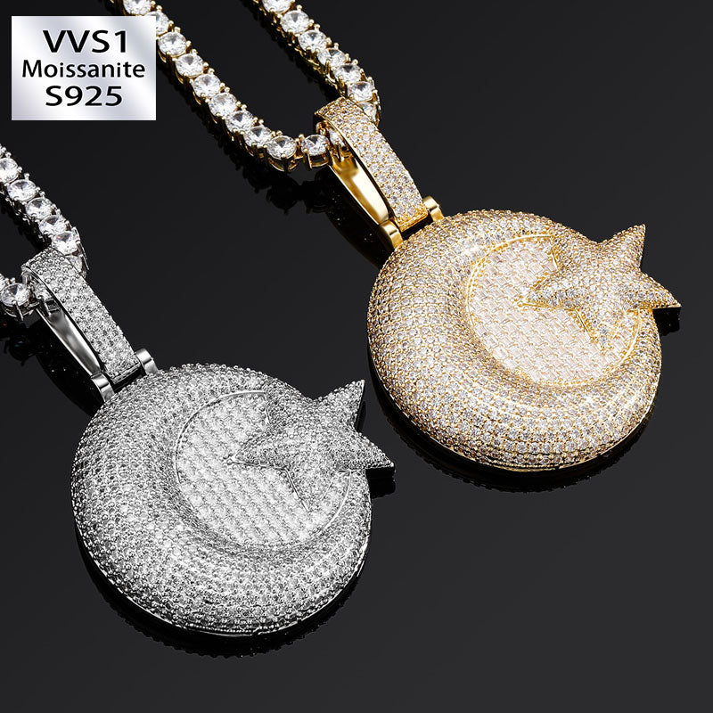Moissanite Moon Star Combination Round Solid Pendant