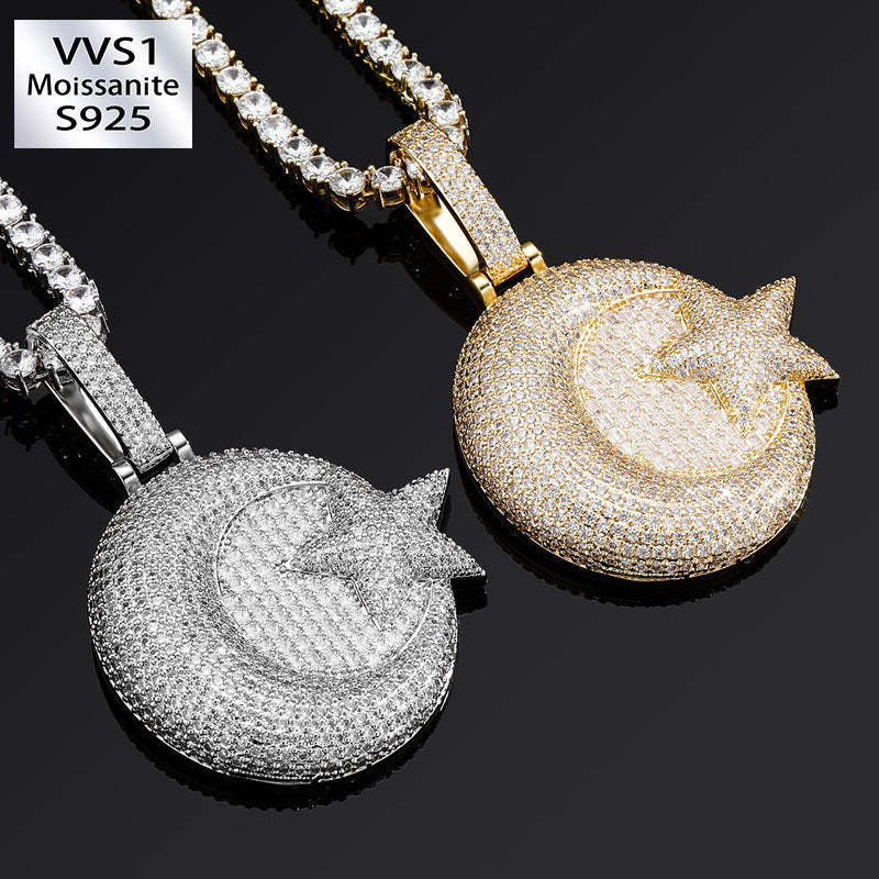 Moissanite Moon Star Combination Round Solid Pendant