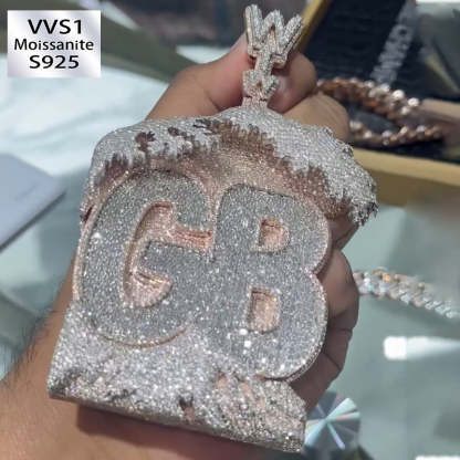 Moissanite Wave House Shape GB Letter Pendant