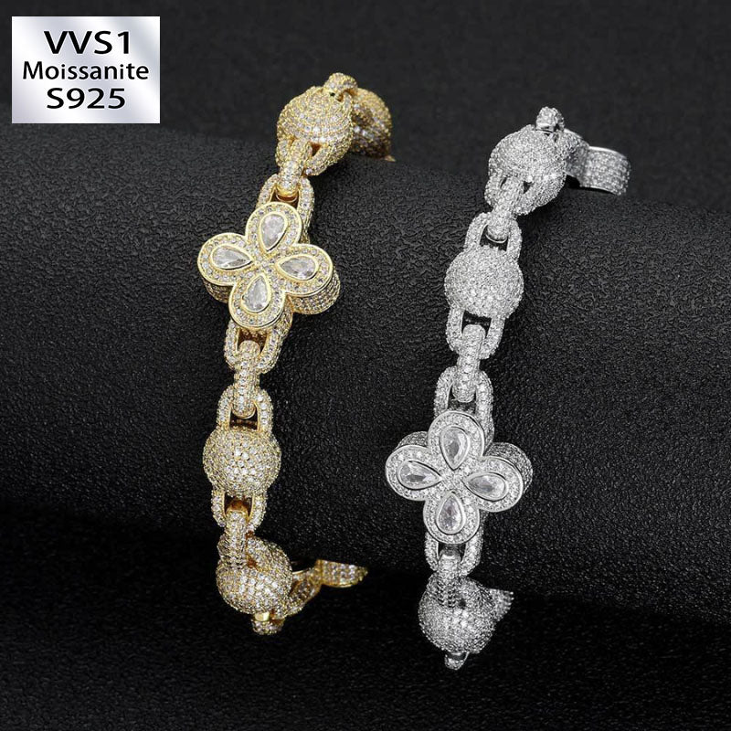 Moissanite Hip Hop Bubble Beads Four-Leaf Clover Bracelet
