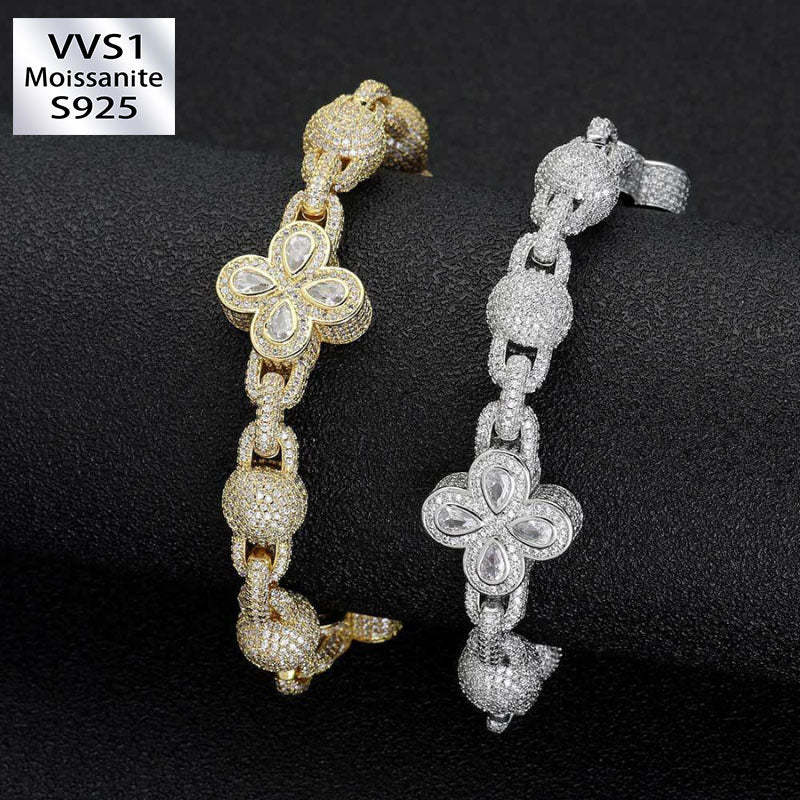 Moissanite Hip Hop Bubble Beads Four-Leaf Clover Bracelet