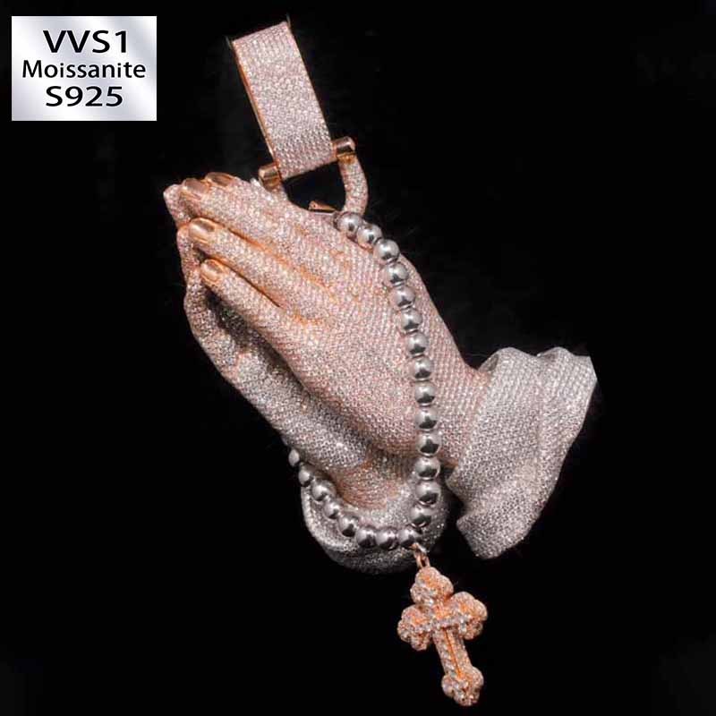 New Moissanite Praying Hands Cross Pendant