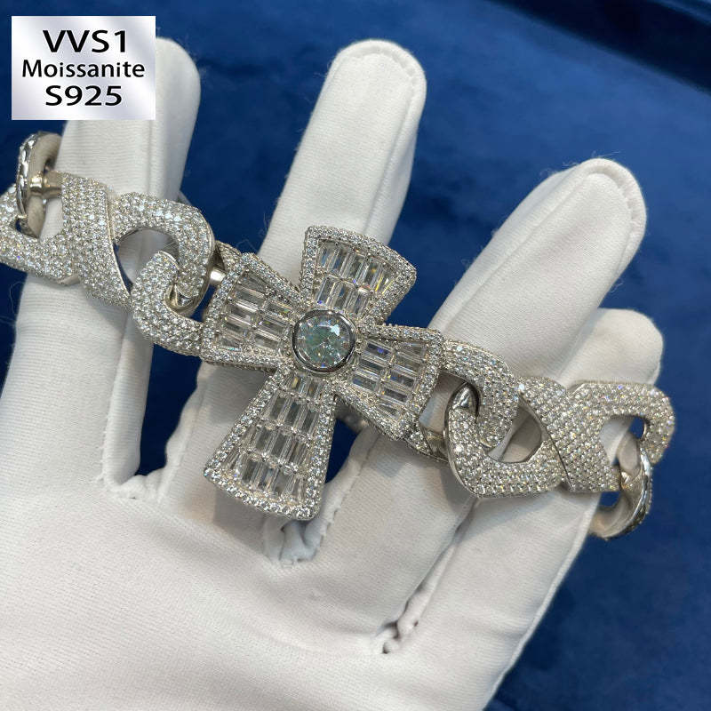 Moissanite Baguette Cross Cuban Bracelet