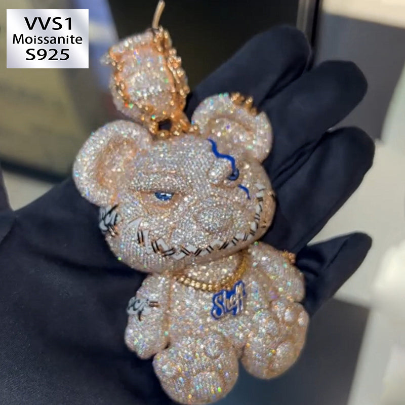 Moissanite Domineering Sheff Letters Cuban Chain Mr. Bear Pendant