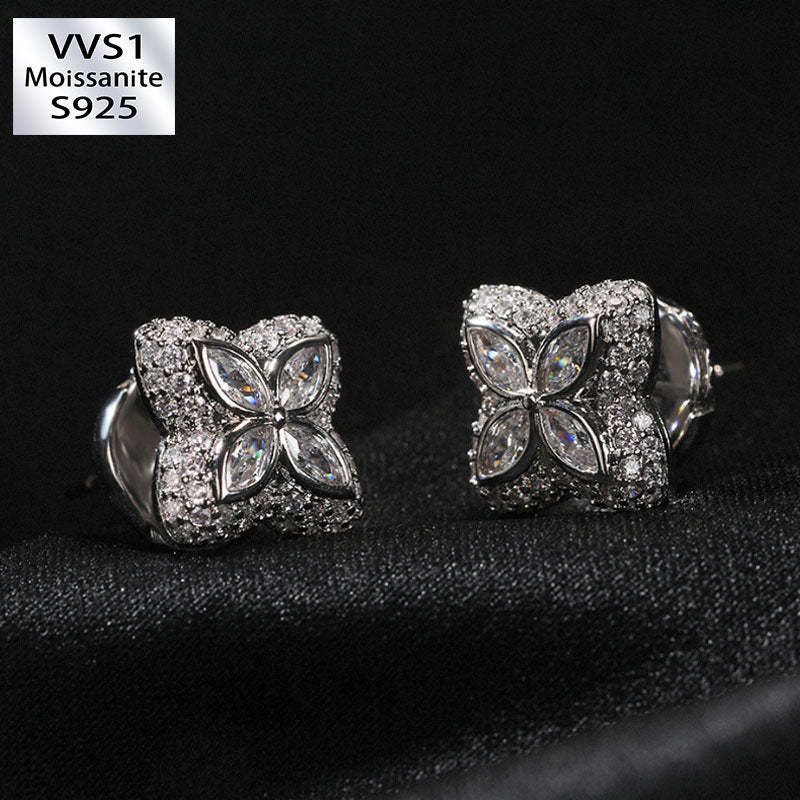 Moissanite Inlaid Gemstone Four-leaf Clover Lucky Earrings