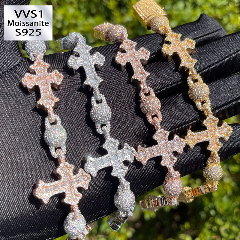 Moissanite Hip Hop Round Bead Cross Bracelet