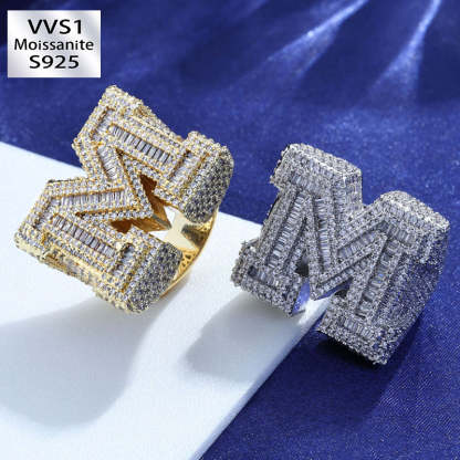 Moissanite Hip Hop M Letter Baguette Ring