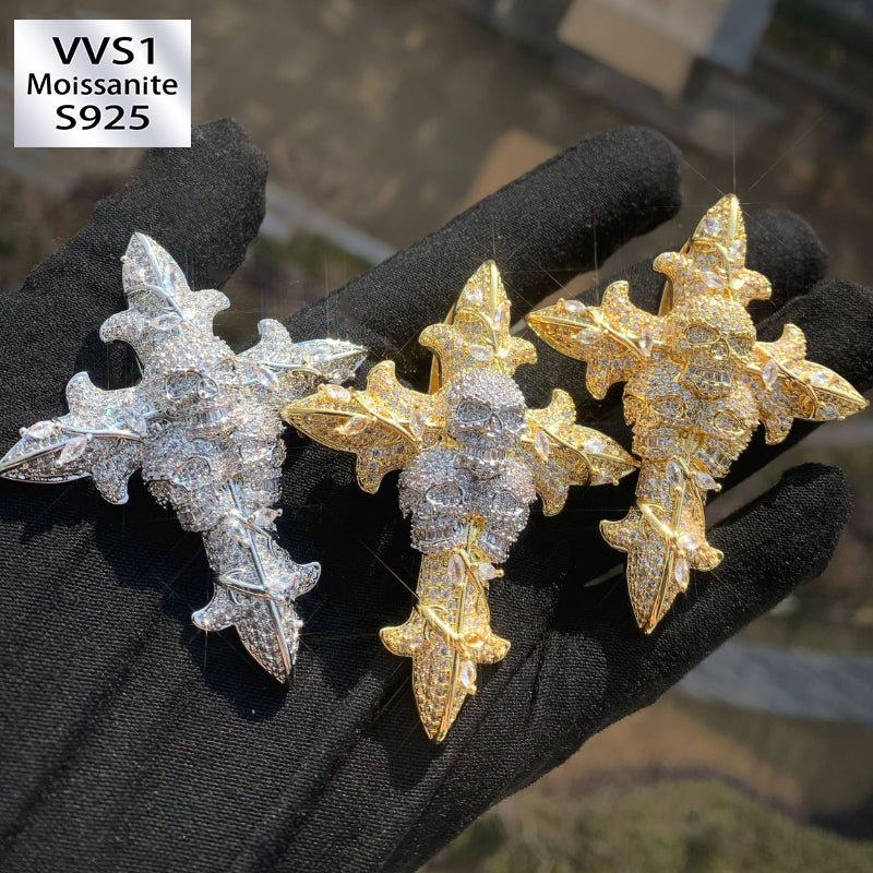 Moissanite Hip Hop Skull Rose Cross Pendant