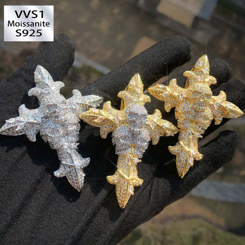 Moissanite Hip Hop Skull Rose Cross Pendant