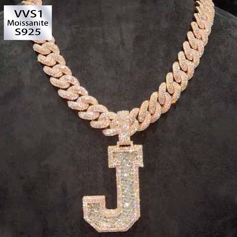 Moissanite Letter J Pendant Cuban Chain Set