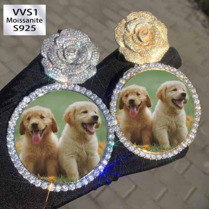 Moissanite Rose Flower Large Disc Customized Photo Pendant