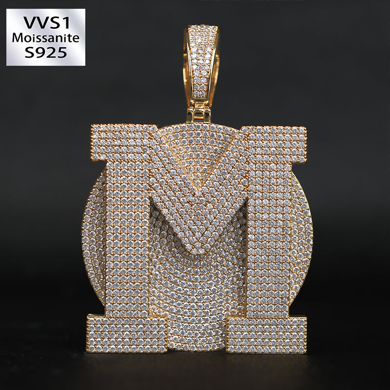 Large Round Disc Moissanite Custom Letter Pendant