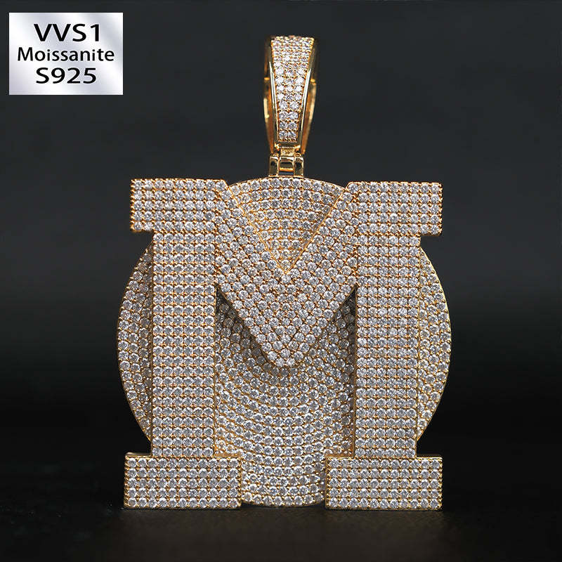 Large Round Disc Moissanite Custom Letter Pendant