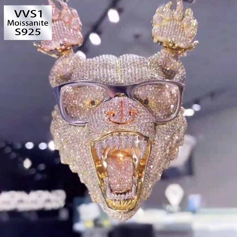 3-D Moissanite Diamond wearing Glasses Bear Pendant