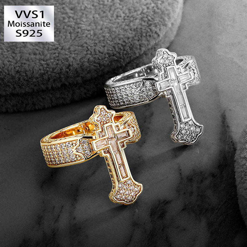 Moissanite Fully Iced Baguette Cut Cross Ring
