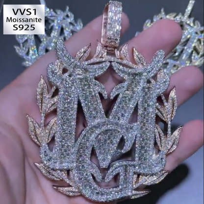 Moissanite Leaves Surround the Letter MG Pendant