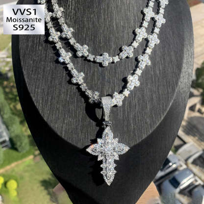 Moissanite Ice Lotus Flower Cross Pendant Chain Set