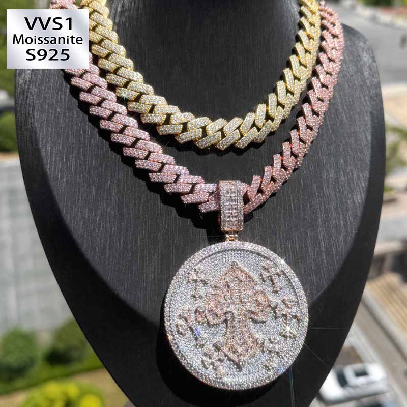 Moissanite Hip Hop Cross Medal Pendant Chain Set