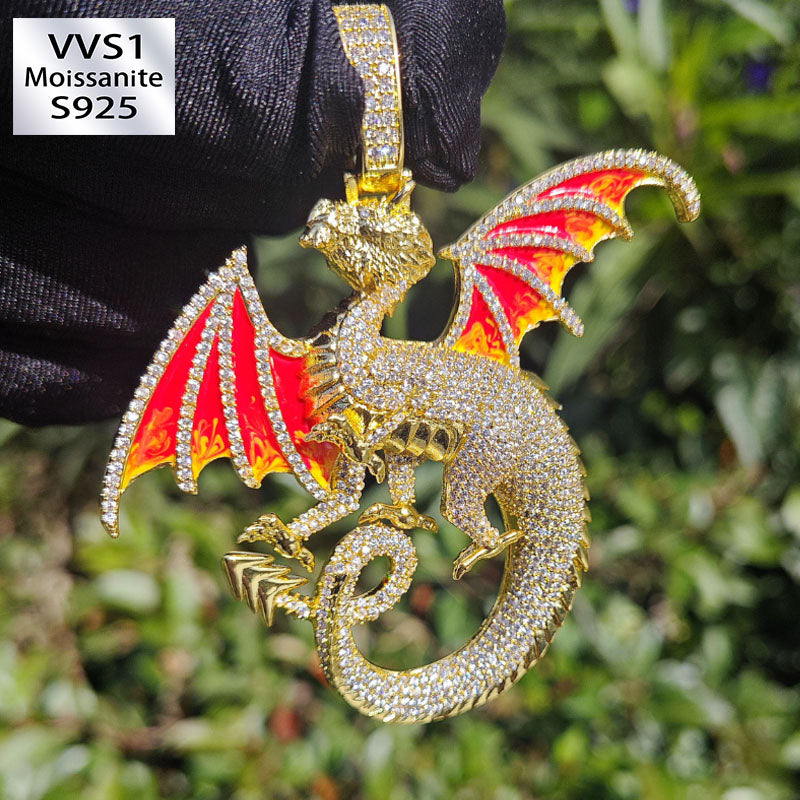 Moissanite Domineering Double Winged Dragon Pendant