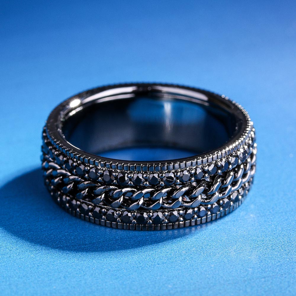 Iced Out Diamond CZ Cuban Link Rotating Mens Ring in Black Gold KRKC 
