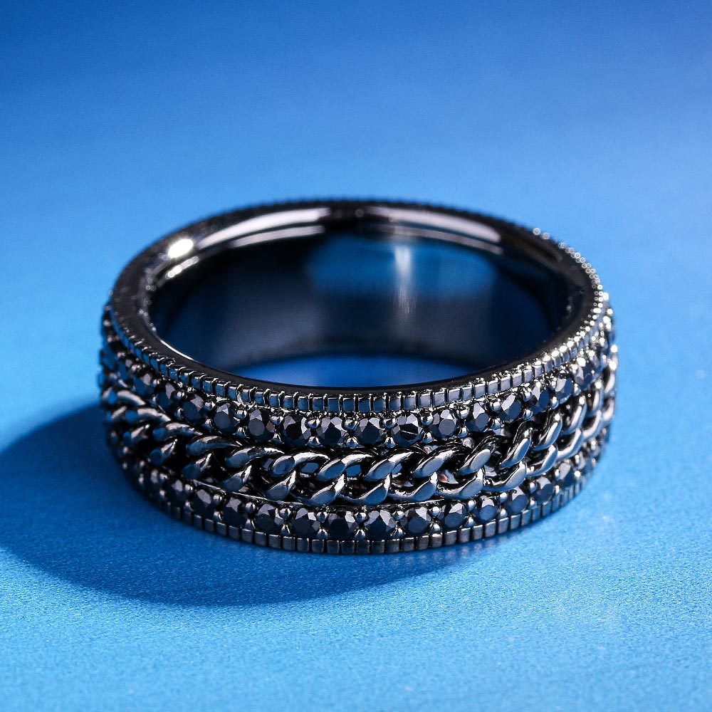 Iced Out Diamond CZ Cuban Link Rotating Mens Ring in Black Gold KRKC 