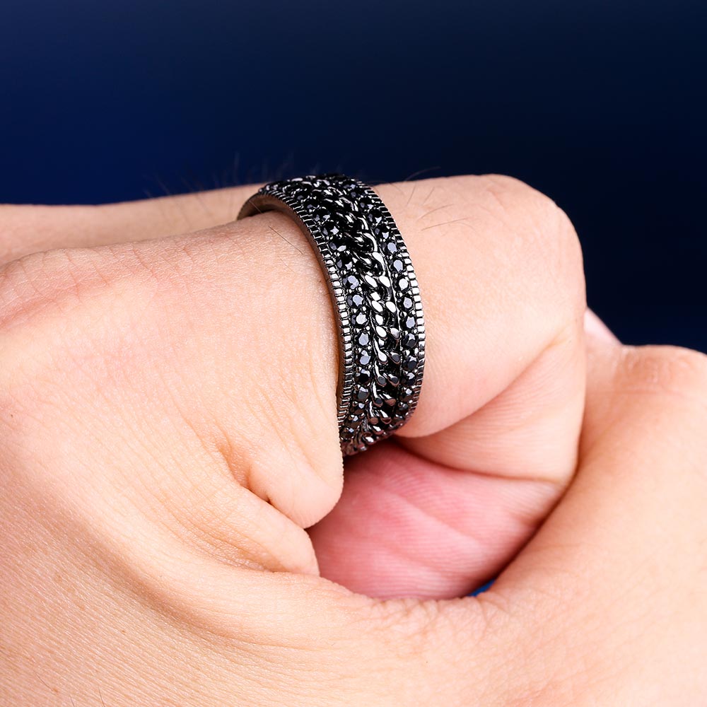 Iced Out Diamond CZ Cuban Link Rotating Mens Ring in Black Gold KRKC 