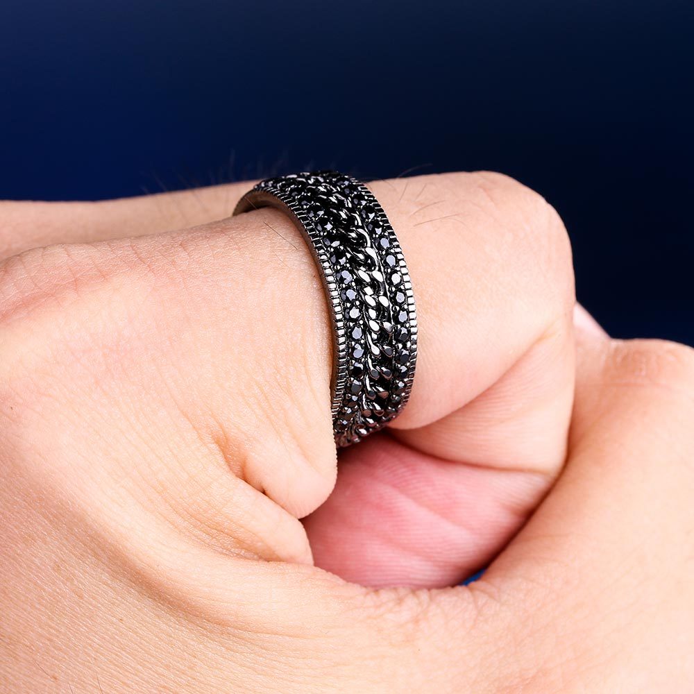 Iced Out Diamond CZ Cuban Link Rotating Mens Ring in Black Gold KRKC 