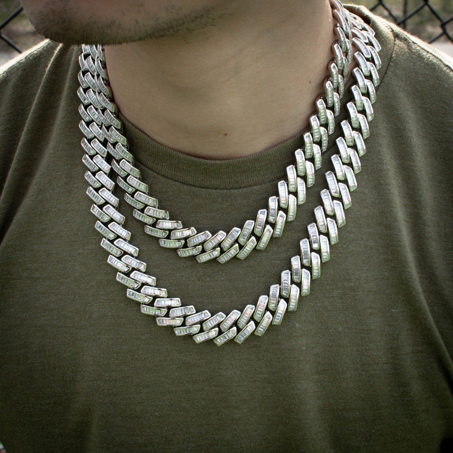 Moissanite Baguette Cuban Link Chain (18mm) in White Gold