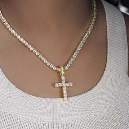 Bundle White Gold Iced Cross + 3mm Iced Tennis Chain Set