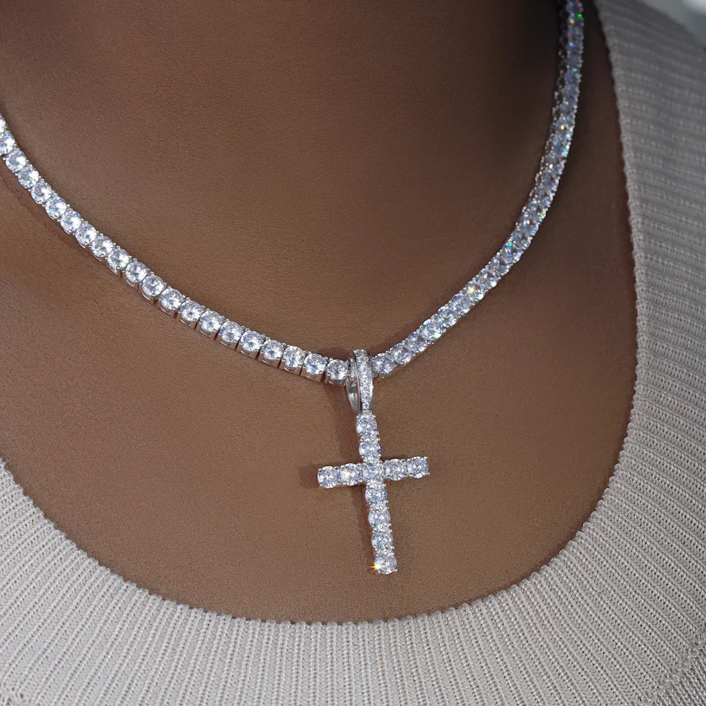 Bundle White Gold Iced Cross + 3mm Iced Tennis Chain Set
