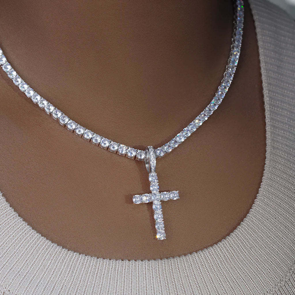 Bundle White Gold Iced Cross + 3mm Iced Tennis Chain Set