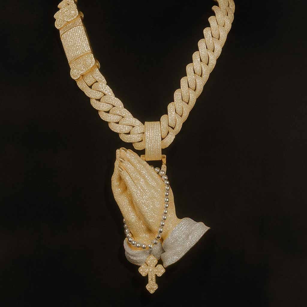 New Moissanite Praying Hands Cross Pendant