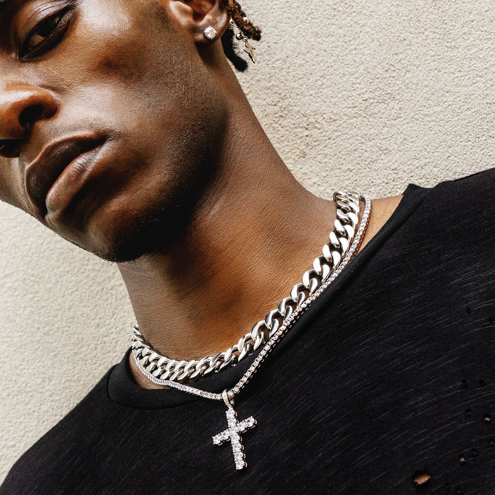 Iced Out Mens Cross Moissanite Pendant in White Gold