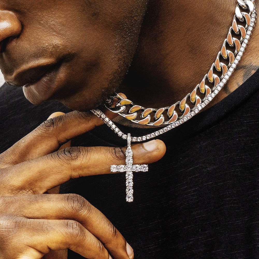 Iced Out Mens Cross Moissanite Pendant in White Gold