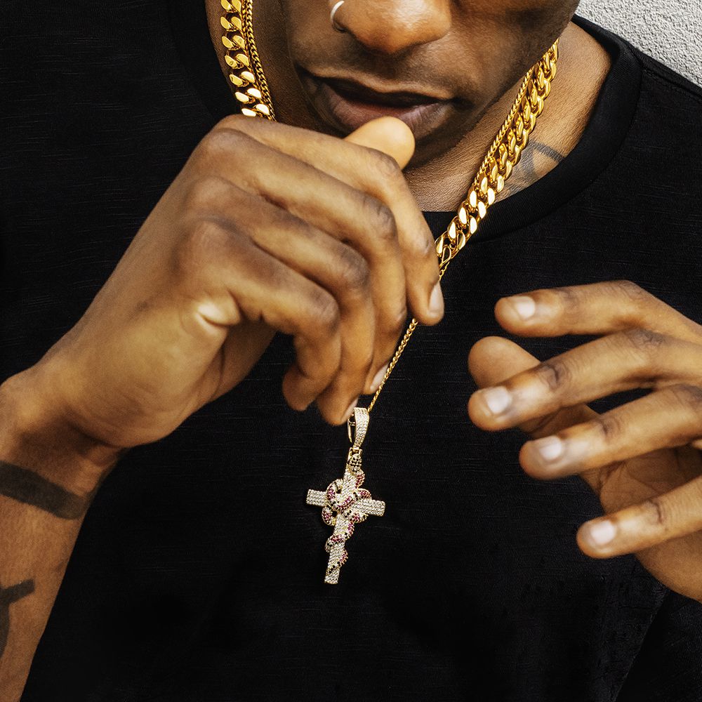 Moissanite Iced Out Mens Cross with Coral Snake Twist Pendant