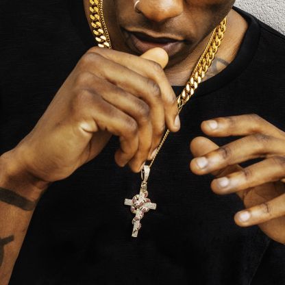 Moissanite Iced Out Mens Cross with Coral Snake Twist Pendant