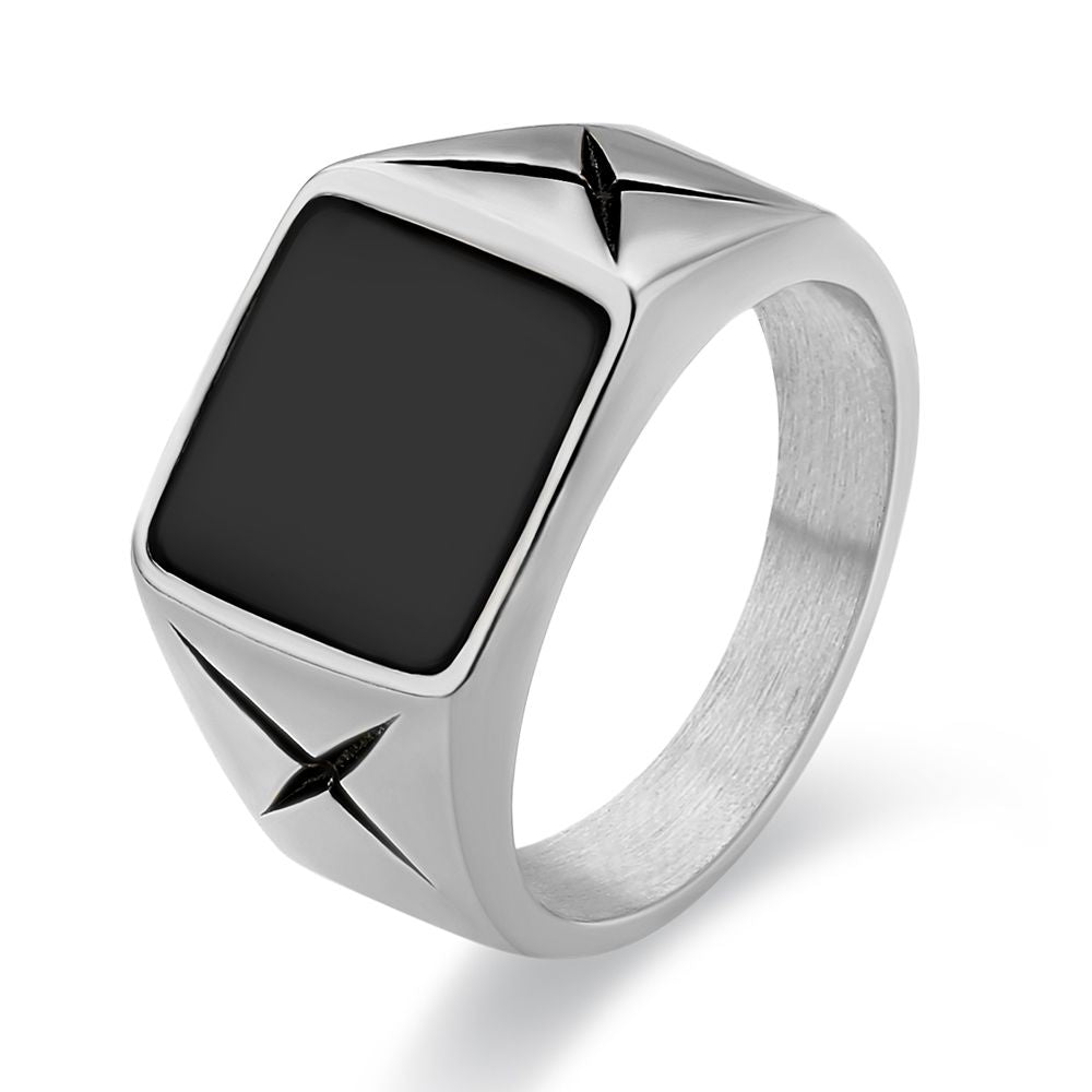 Black Agate Mens Ring in 18K Gold/White Gold