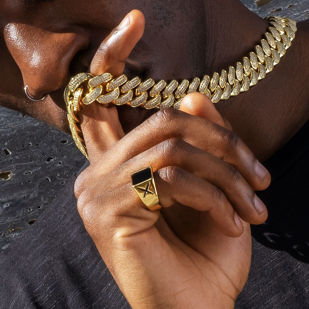 Black Agate Mens Ring in 18K Gold/White Gold