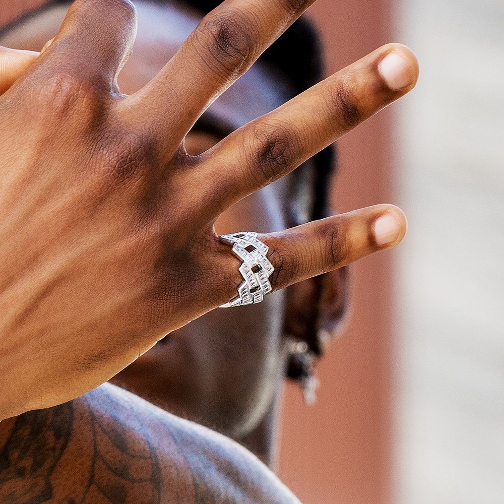 Baguette Cut CZ Diamond Mens Ring in White Gold