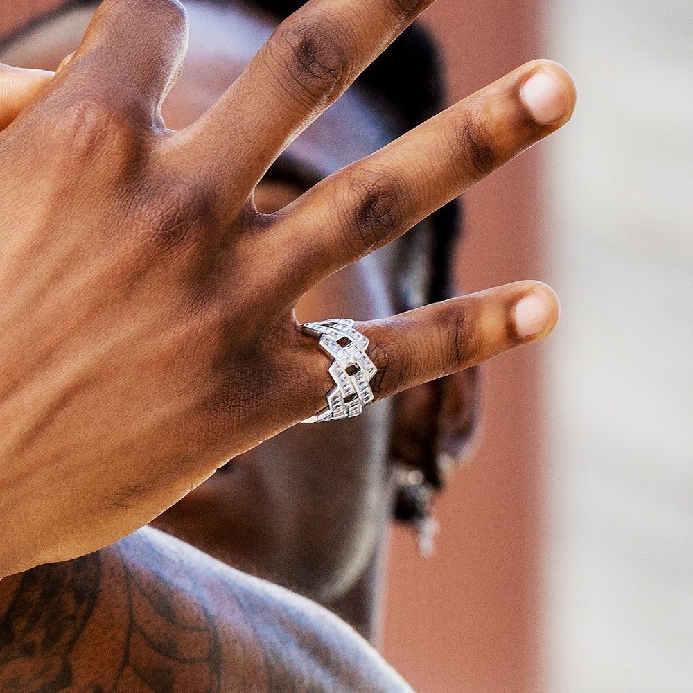 Baguette Cut CZ Diamond Mens Ring in White Gold