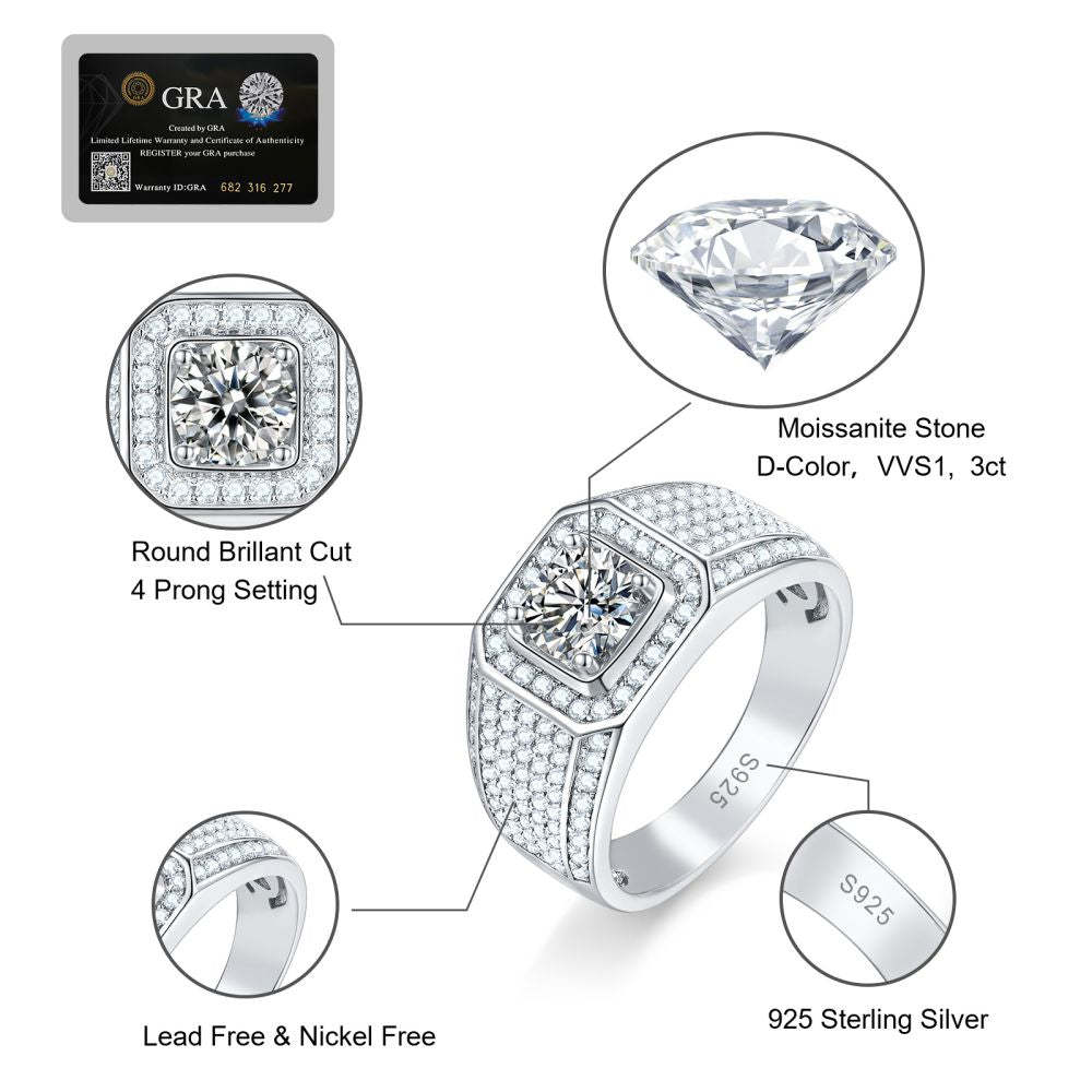 2.0 Carats VVS1 Moissanite Men Ring